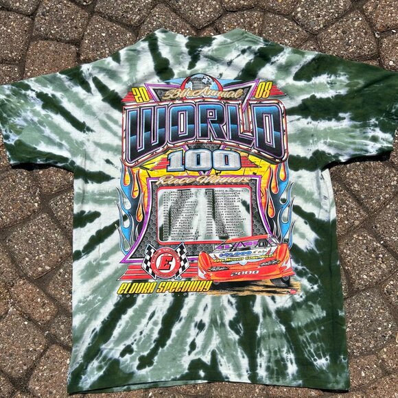 Vintage 2008 World 100 Auto Racing Tie Dye Double Sided T Shirt Men Sz L - Picture 6 of 9